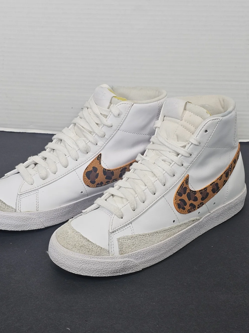 Nike White High-Top Sneaker with Leopard-Print Swoosh Womens Sz 9 White